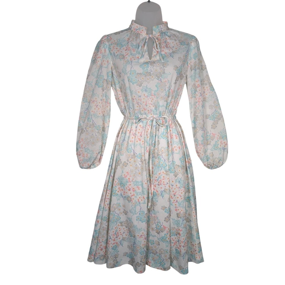 Melissa Lane Vintage 70s Midi Dress 10 White Floral Tie Neck Bishop Sleeve Sheer